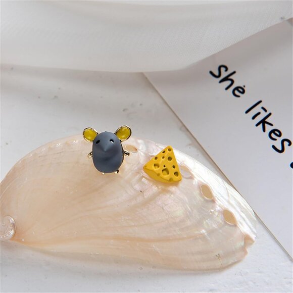 Cute Handmade Mouse Cheese Small Stud Earrings for Women - Asymmetric Cartoon Ra - Picture 5 of 5